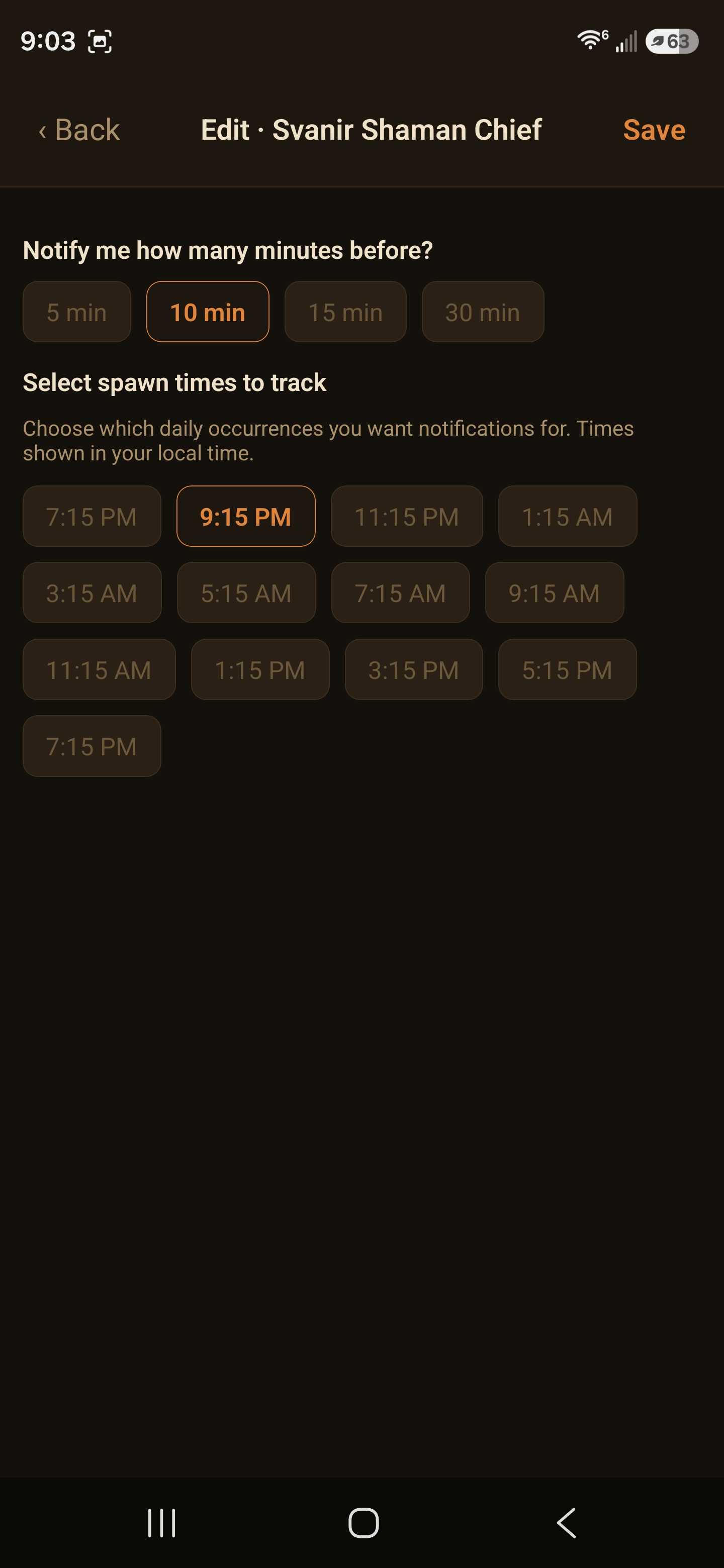 Tyrian Vault running on Android — world boss notification alarm